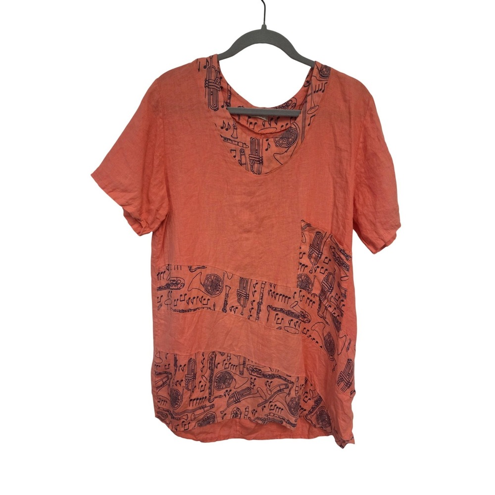 Womens Made in Italy Coral Linen Musical Note Print Short Sleeve‎ Top Size M